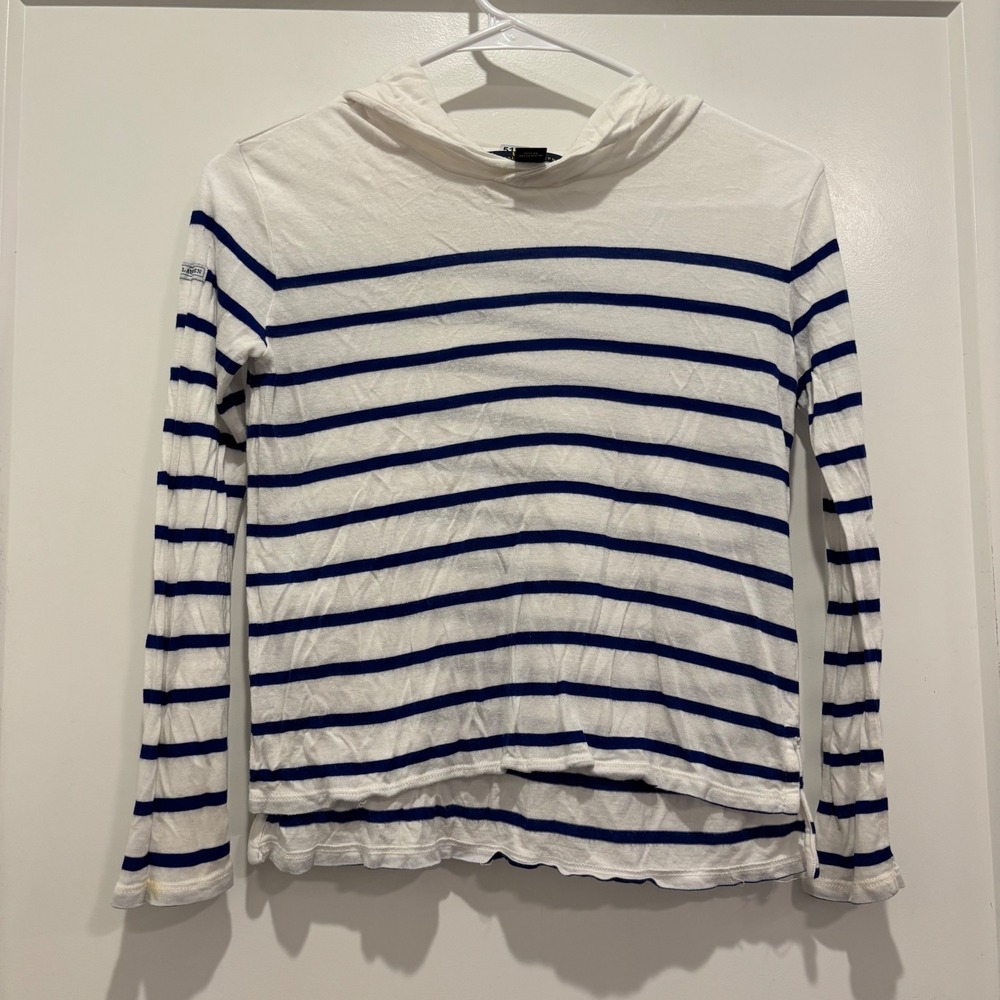 Polo Ralph Lauren Kids M 8-10 Striped Hooded Long Sleeve T-Shirt White Navy Blue